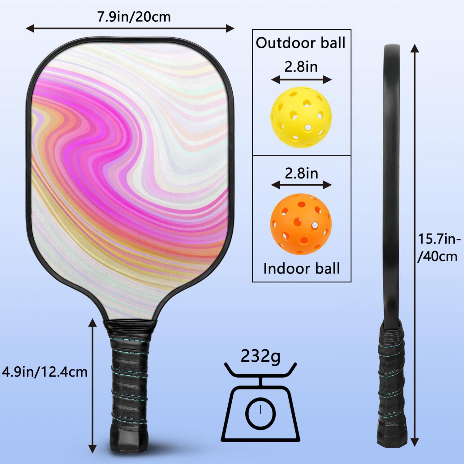 Pickleball Paddles Set Of 2, Fiberglass Surface, Liquid & Marble Print, 4 Balls & Bag