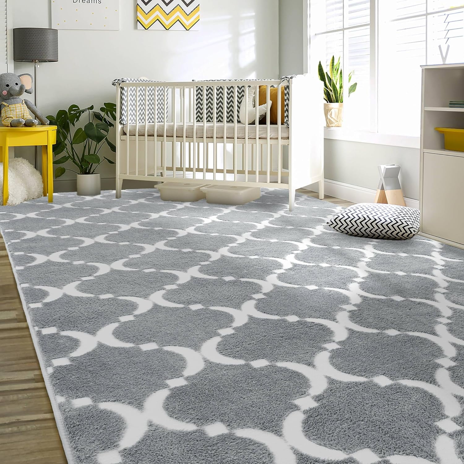 TWINNIS 7'x10' Area Rug Geometric Non Slip Fluffy Carpet,Soft Plush Polyester Rug for Living Room Bedroom,Gray White