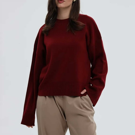 Zylanna Women's Pullover Sweaters, Knitted Crew Neck Long Sleeve Solid Color Loose Tops for Women Wine
