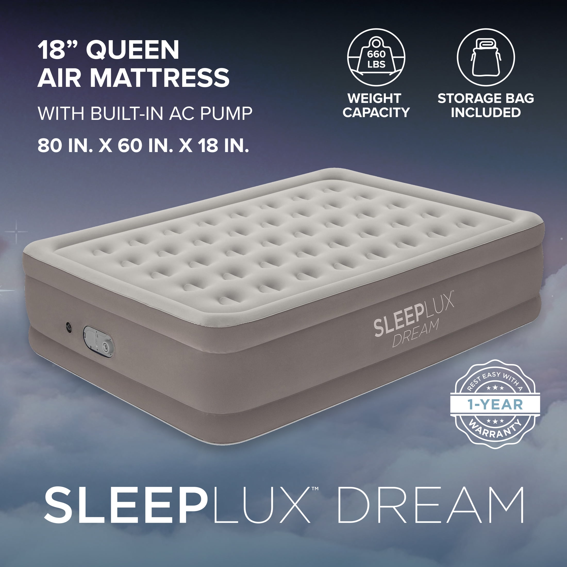 SleepLux Dream AlwayzAire Queen Air Mattress, 18 in , Built-in Electric Pump, Inflatable Indoor Guest Bed