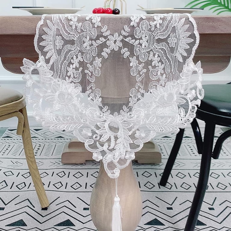 embroidered dresser scarf Vintage Hand Embroidered Table Runner Dresser Scarf Floral Leaves Crochet  Edging 14 x 39 main image 1