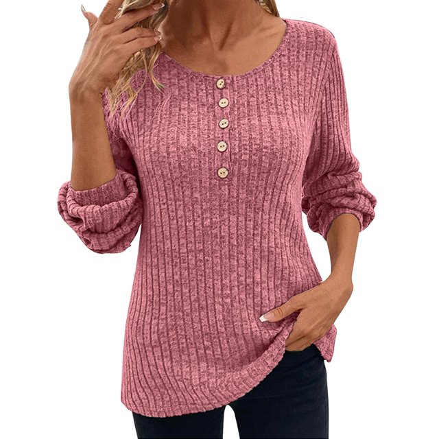 YDLCAFD Elbow Length Sleeve Tops for Women New Round Neck Stripe Milled Solid Colour Button Patchwork Long Sleeve T Shirt for Women Rirow Womens Tank Tops Ladies Long Sleeve Tops