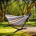 thumbnail image 2 of Double Hammock with Stand Included 450lb Capacity Steel Stand, Premium Carry Bag Included.Indoor Outdoor Brazilian-Style Cotton Bed for Backyard, Camping,Garden$$Garden &, 2 of 7
