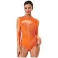 thumbnail image 3 of Zaldita Women Rhinestone Gymnastics Leotards Ballet Dance Leotard Long Sleeve Figure Skating Bodysuit Orange S, 3 of 5