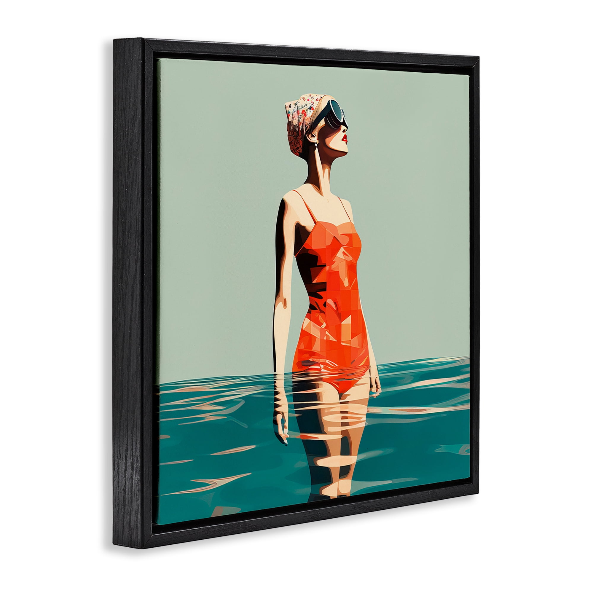 Stupell Industries Retro Woman in Swimsuit Novelty Painting Black Floater Framed Canvas Art Print Wall Art, 25 x 25