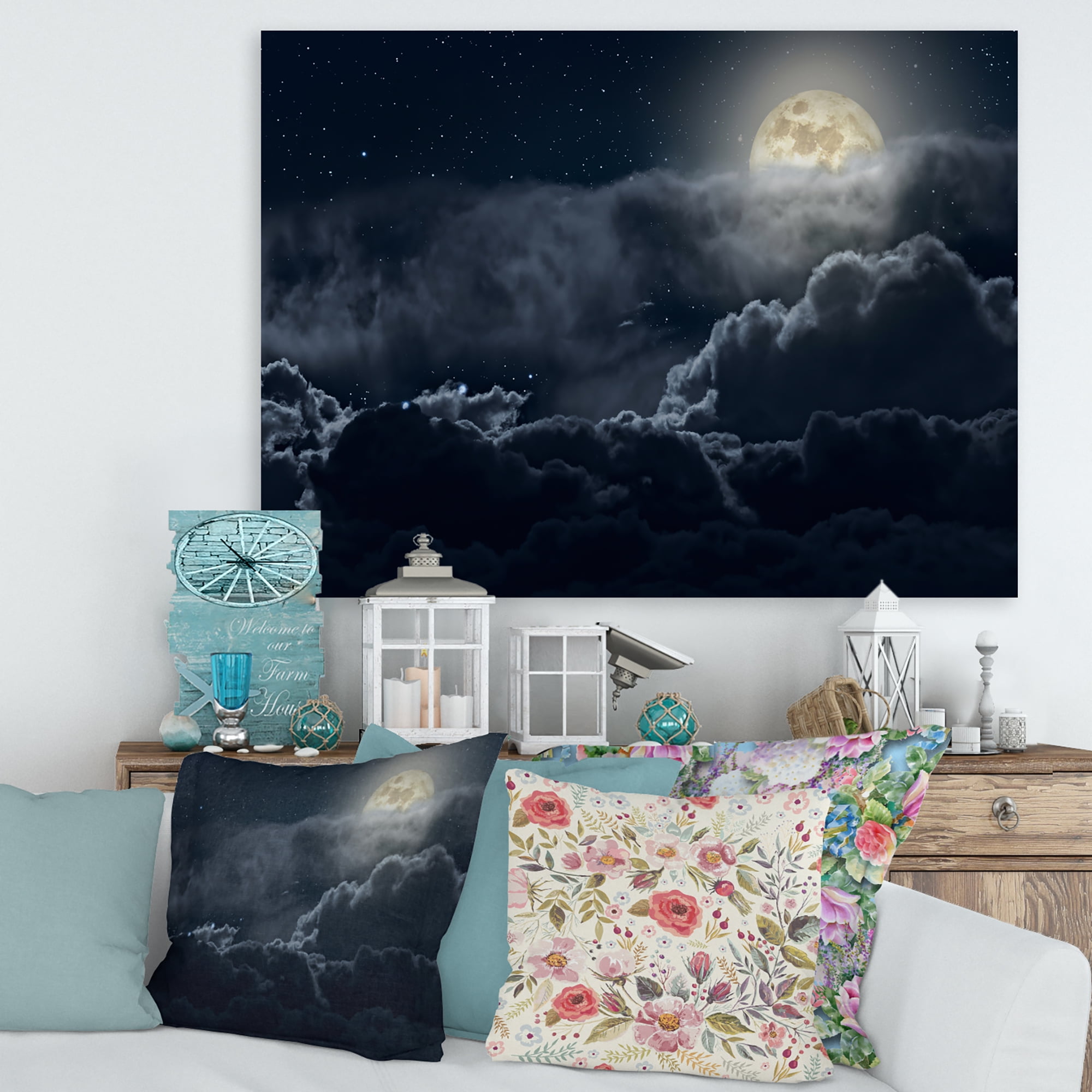 Cloudy Full Moon Night With Stars 8 in x 12 in Photography Canvas Art Print, by Designart