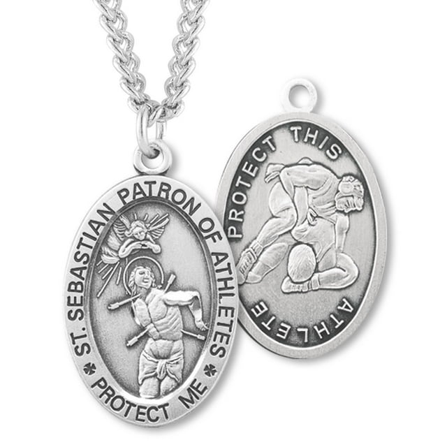 Men's Sterling Silver Oval Saint Sebastian Wrestling Medal + 24 Inch Endless Rhodium Plated Chain| USA Made