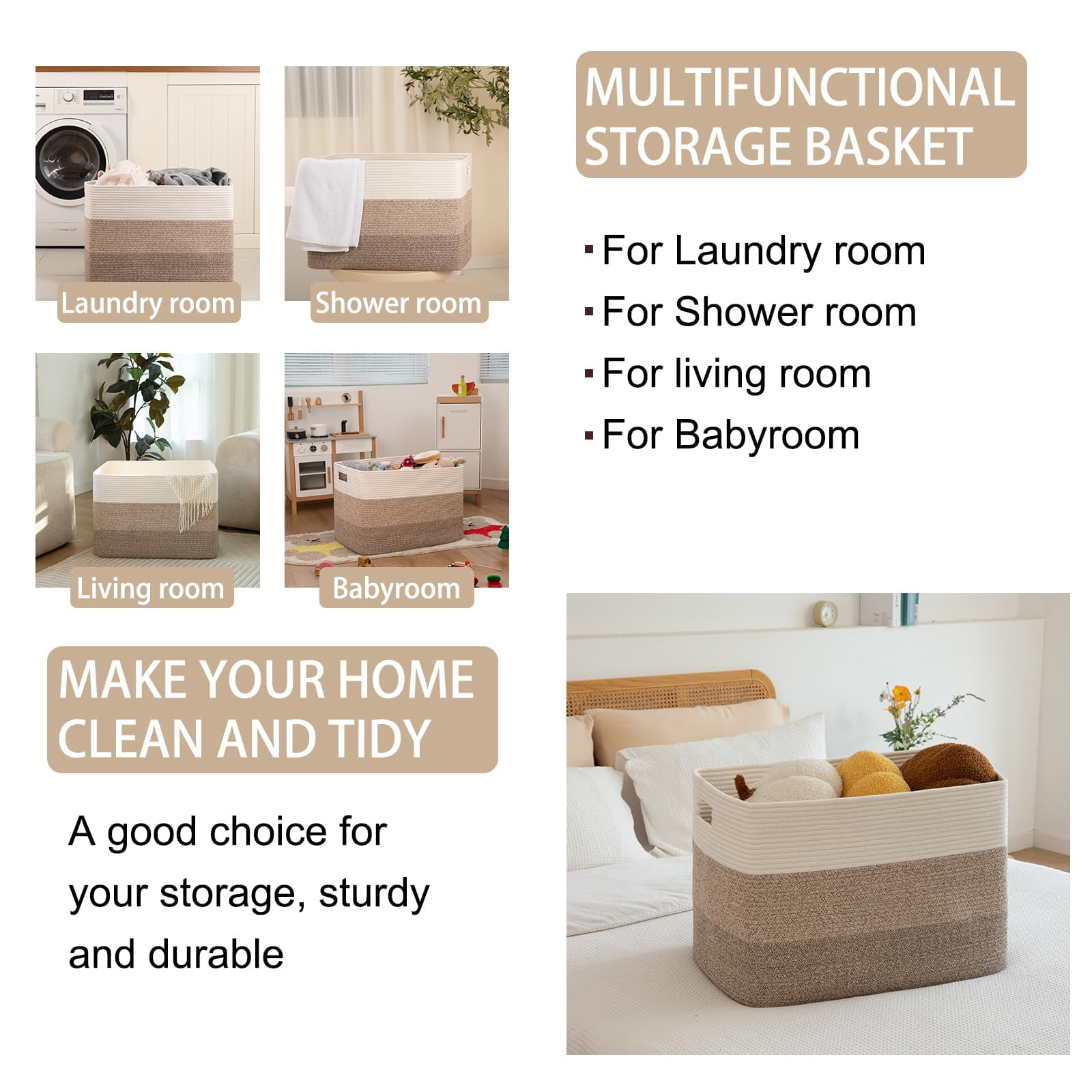 75L Large Blanket Basket（25"x16"）,Large Blanket Basket for Organizing, Dog Toy Bin,baby laundry basket,Cotton Rope Blanket Basket for Living Room, Laundry, Nursery, Pillows (White and Brown)