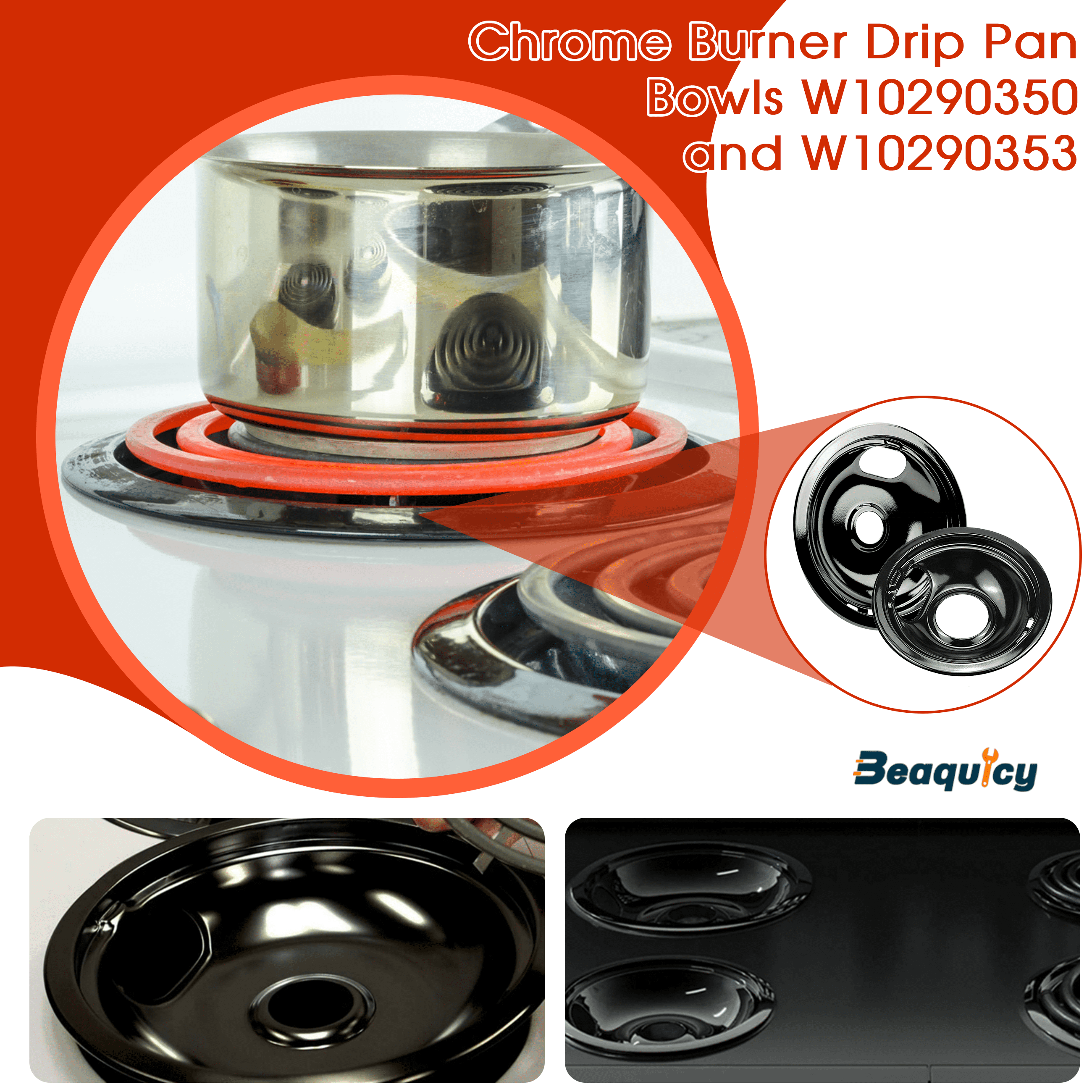 Beaquicy Porcelain Drip Pan Replacement for Electric Stove Burner W10290350 8-inch & W10290353 6-inch