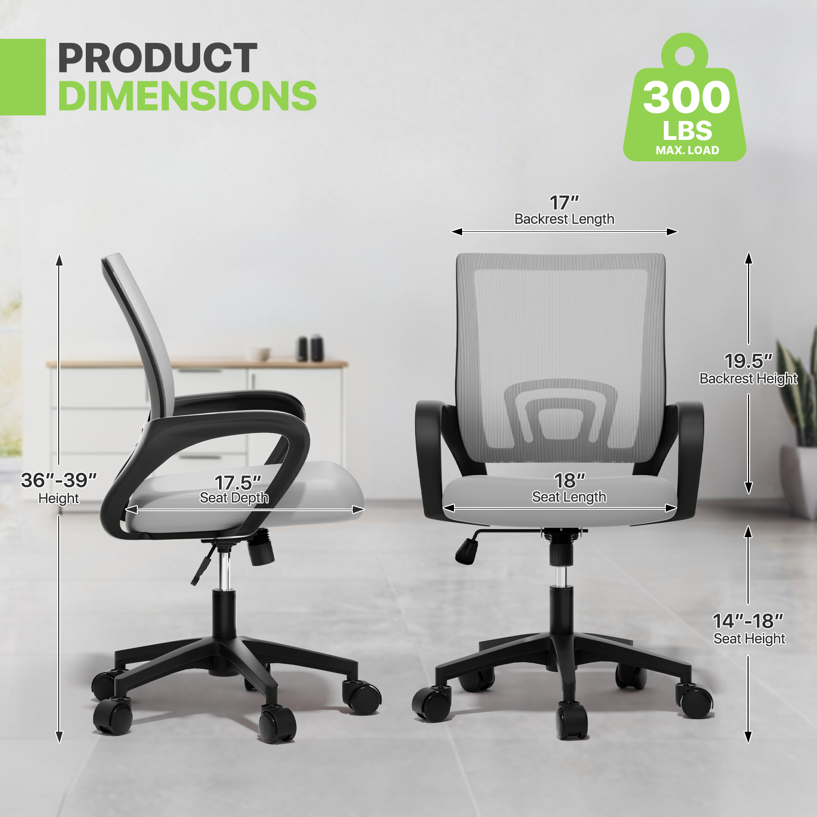 Magshion Mesh Office Chair Desk Chair, Mid Back Ergonomic Adjustable Height Rolling Swivel Computer Chair with Lumbar Support, Light Gray