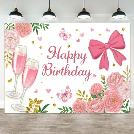 Happy Birthday Backdrop Pink Floral Butterflies Gold Leaves Bow Photography Background Celebration Party Decorations Supplies Birthday Banner Kids Adults Portrait Photo Studio Props