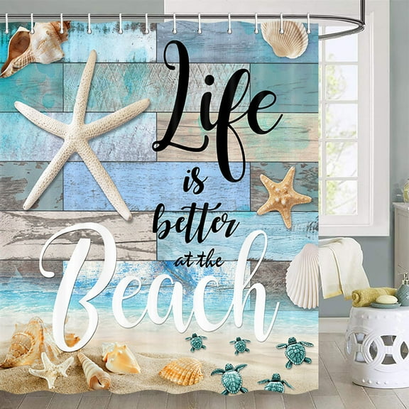 Beach Shower Curtain, Seashell Starfish on Rustic Wooden Shower Curtain for Bathroom, Blue Ocean Sea Turtle Bathroom Shower Curtains Motivational Animal Shower Curtain, Hooks Include, 70"X70"