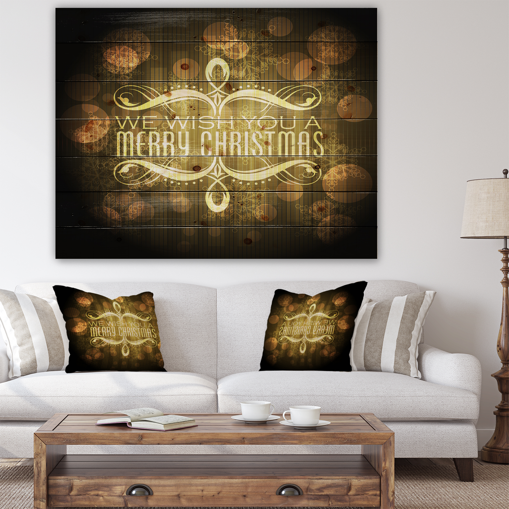 Designart 'Stylish Merry Christmas Wish on Yellow and Black' Print on Natural Pine Wood