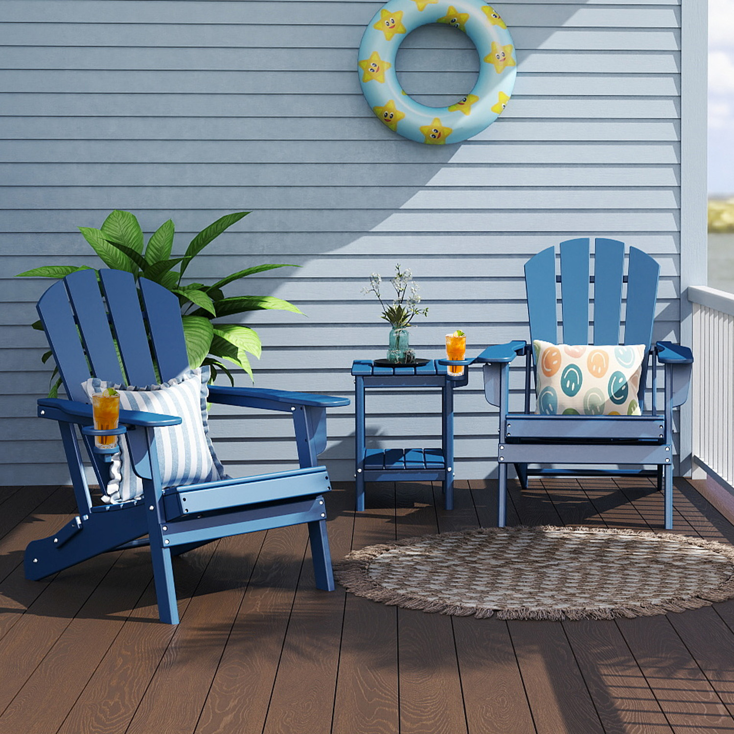FURRYFECTION Folding Adirondack Chair Set of 2 with Cup Holder,All-Weather HDPE Outdoor Fir Pit Chairs for Patio Garden Backyard,Blue