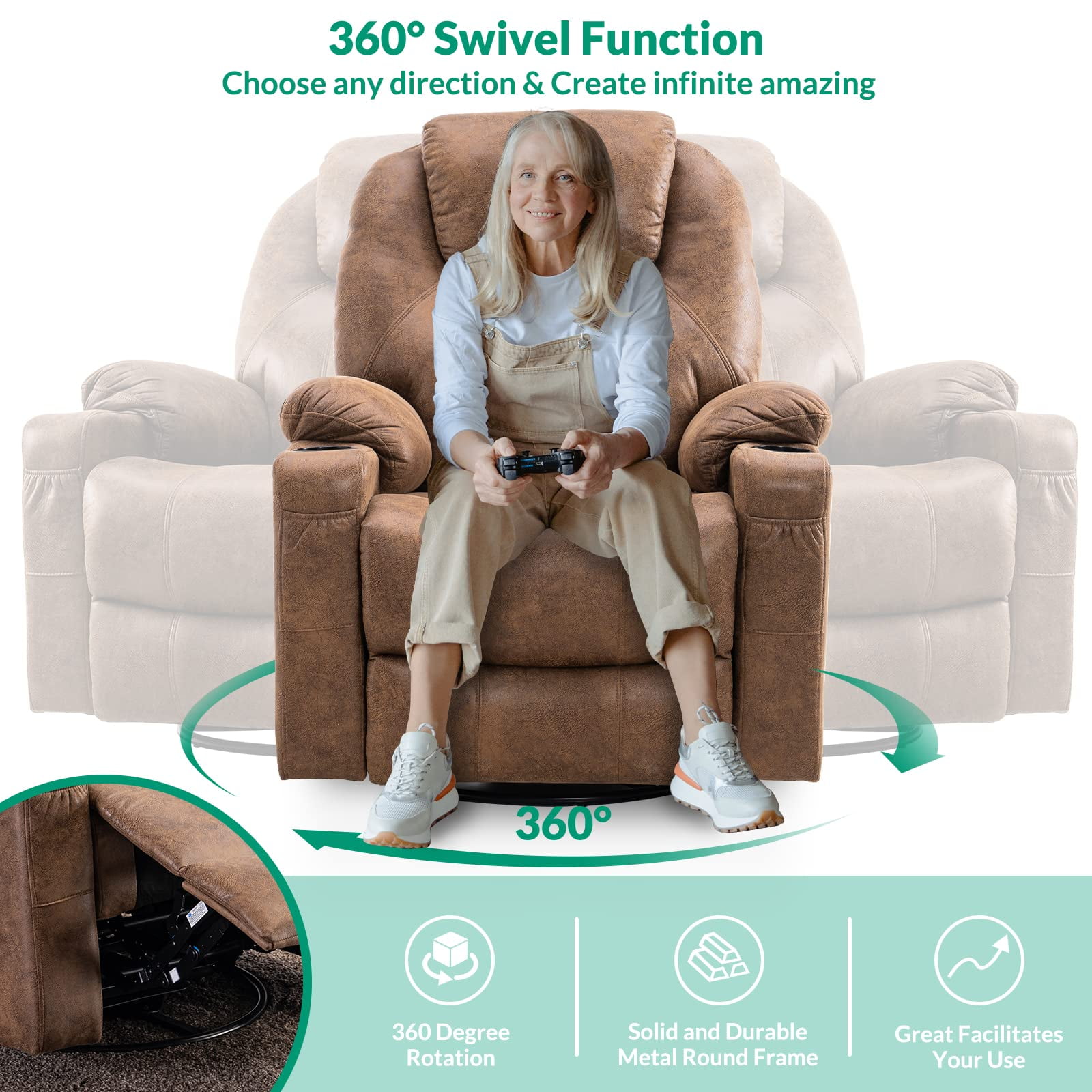VIVIJASON Manual Massage Rocker Recliner Chair, 360° Swivel Glider Lounge Chair with Heat Ergonomic Home Theater Recliner Sofa with 2 Cup Holders, Side Pockets & USB Ports for Living Room, Brown