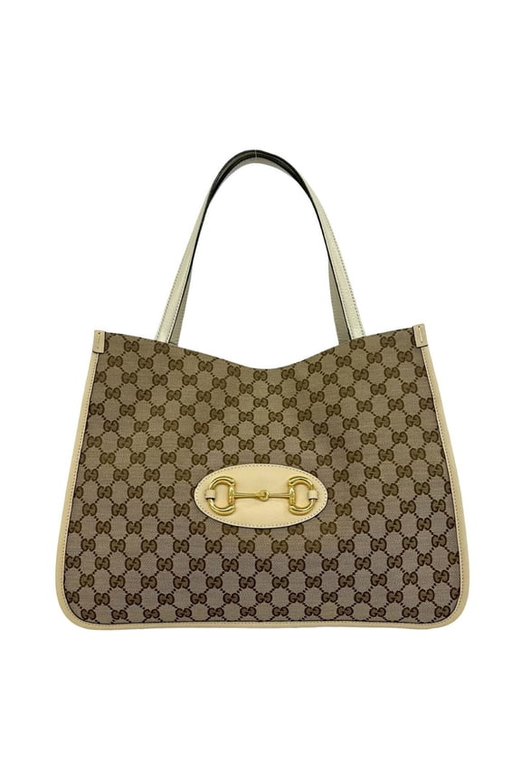 Pre-Owned GUCCI GG Logo Horsebit Hardware Canvas Leather Genuine Tote Bag Semi Shoulder Beige...