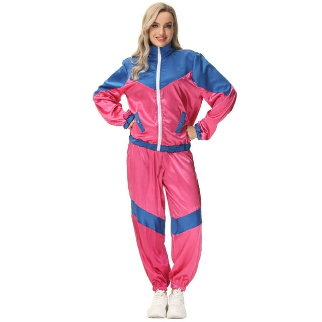 80s HipHop Costumes Outfits Retro Tracksuit Patchwork Zip Up Long Sleeve Coat and Pants