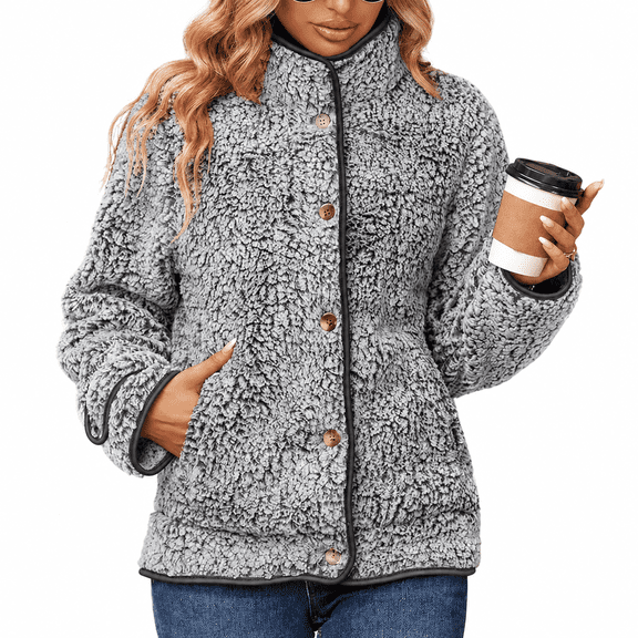 Women's Fleece Jacket Sherpa Teddy Fleece Coat Button Front Warm Outerwear with Pockets Stand Collar for Fall Winter