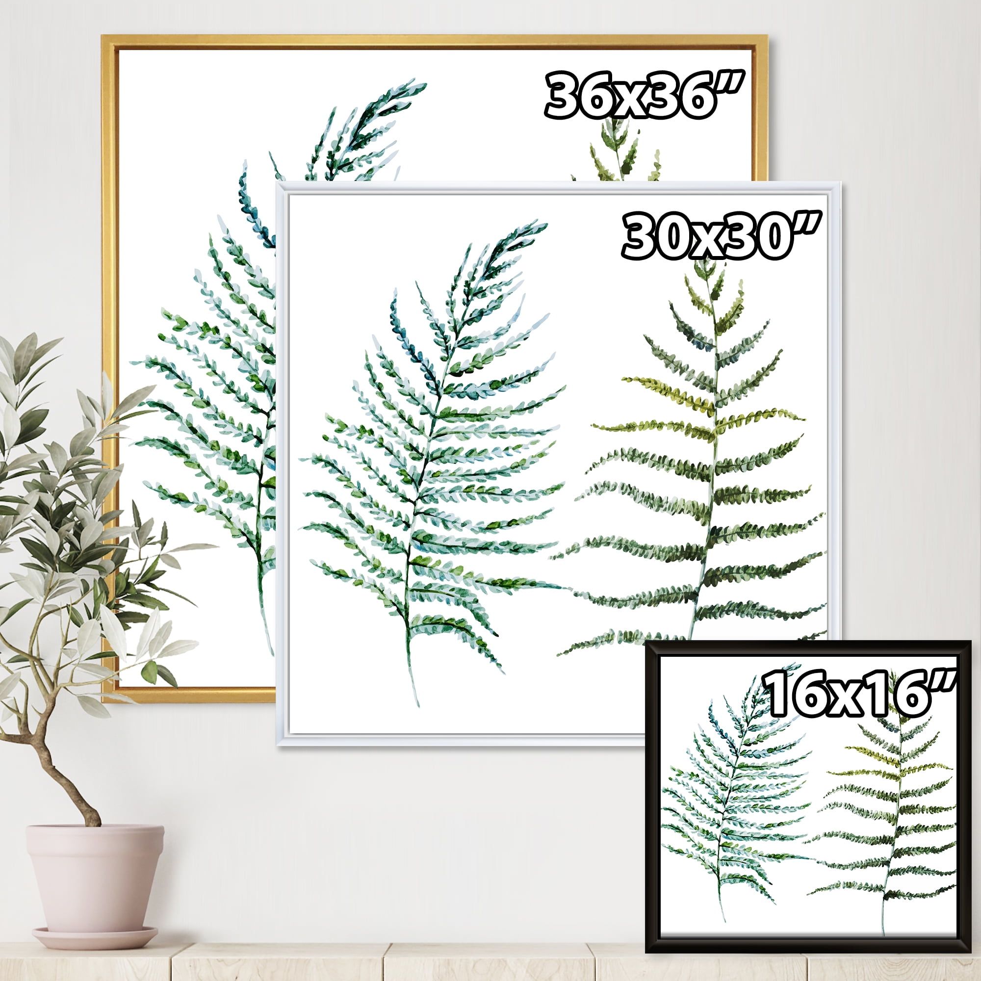 Designart 'Two Fern Leaves On White' Farmhouse Framed Canvas Wall Art Print