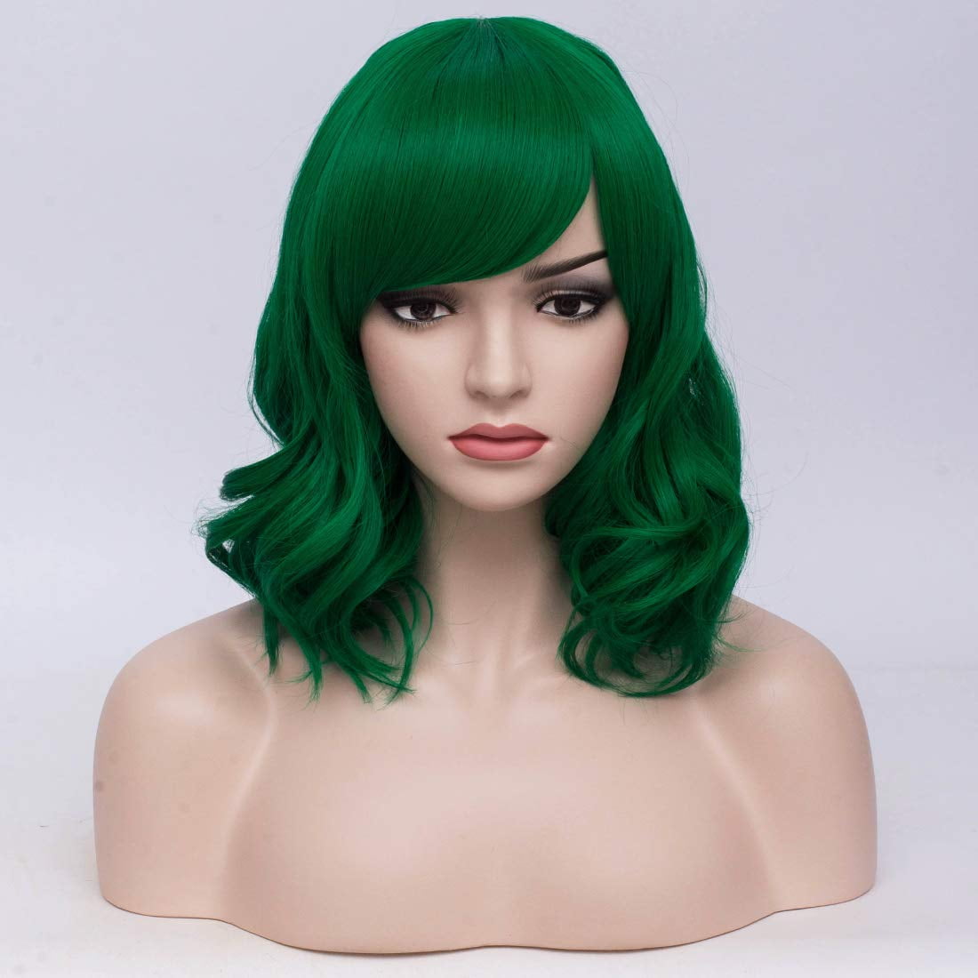 BERON Dark Green Short Wigs Curly Wavy Women Wig with Side Part Bangs Synthetic Hair Wigs