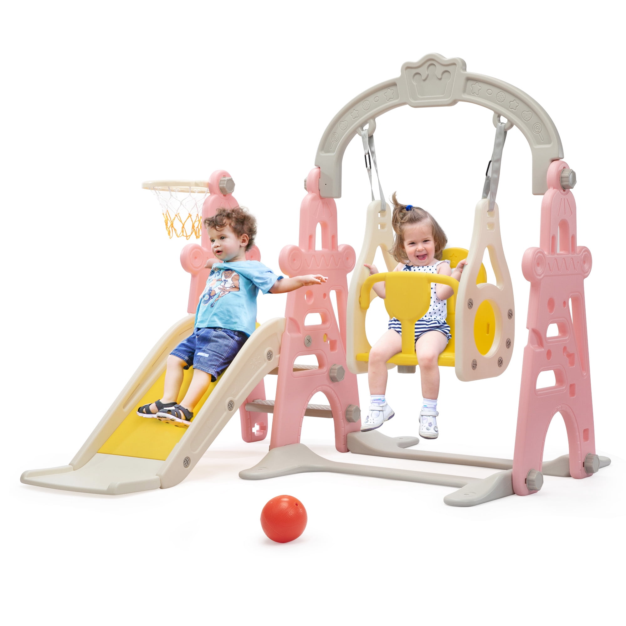 TOBBI 4 in 1 Slide and Swing Set for Toddlers, Indoor Slide Climber Toy, Swing Style,Pink,1+
