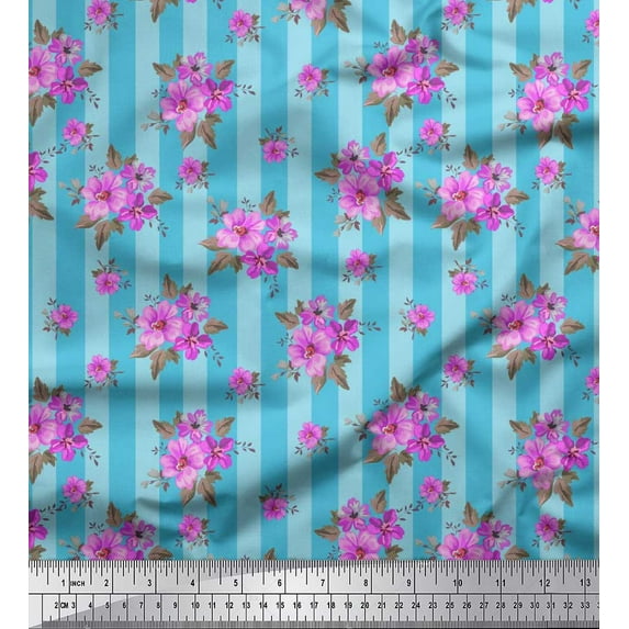 Soimoi Japan Crepe Satin Fabric Stripe,Leaves & Floral Artistic Print Sewing Fabric Yard 42 Inch Wide