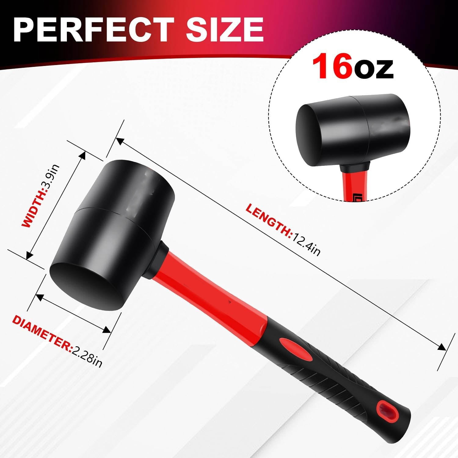 Rubber Mallet Hammer, Fiberglass Handle, for Flooring, Tent Stakes, Woodworking, Camping, Soft Blow Tasks without Damage