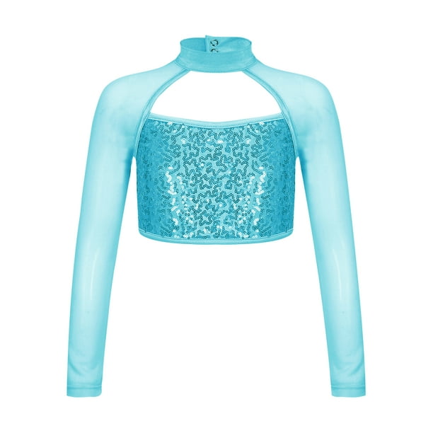 CHICTRY Shiny Sequins Crop Top for Girls Long Sleeve Ballet Modern