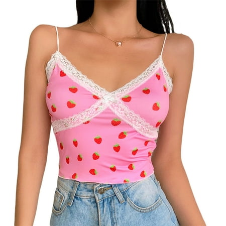 

Kiapeise Women s Strawberry Print Camisole / Sling Dress Fashion Sexy Stitching Slim Fit Crop Top/Midi Dress