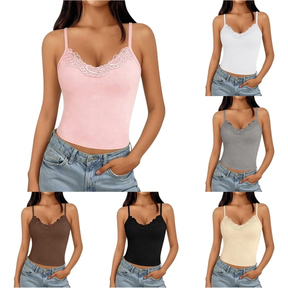 xfsWaSs Crop Tank Tops for Women V Neck Lace Patchwork Tank Top Spaghetti Straps Camisole Solid Color Sleeveless Shirts Cute Going Out Top