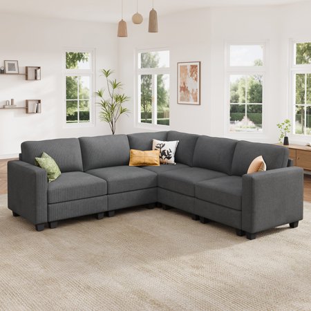 HONBAY 96" Pet Friendly L Shaped 5 Seat Sectional Sofa with Thick Cushions, Corduroy Gray for Living Room
