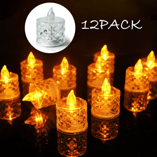 LED Crystal Candle Light Transparent Diamond Simulated Tea Light Battery Operated Flameless Warm Glow Decorative Electronic Accent 12 Pack Romantic Christmas Birthday Party Decor Energy