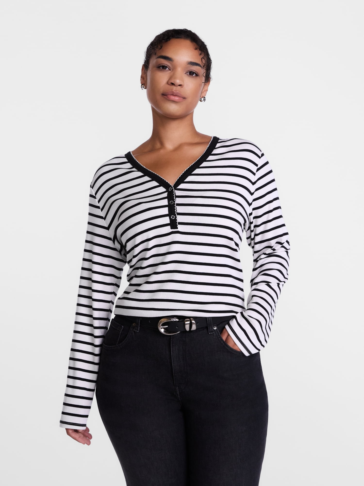 Scenario Women's and Women's Plus Striped Henley Shirt with Long Sleeves, Sizes XS-4X