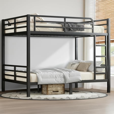 Full Over Full Bunk Bed Frame, Heavy Duty Metal Loft Bed for Adults/Teens, 350/500LB Capacity w/Ladder & Guardrail, Noise-Free Steel Slats, No Box Spring Required, Black