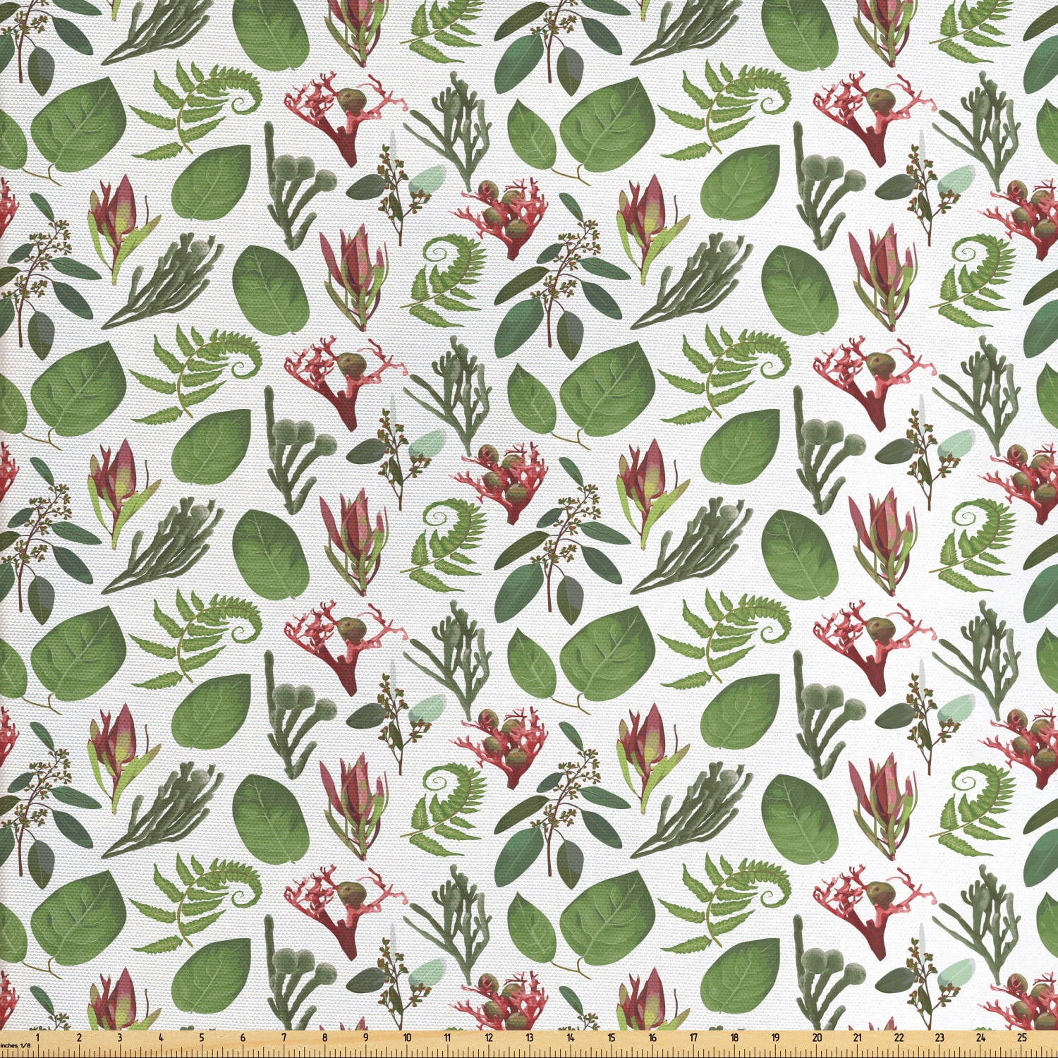 Botanical Fabric by The Yard, Scattered Various Leaves and Flowers Ferns and Herbs Jungle