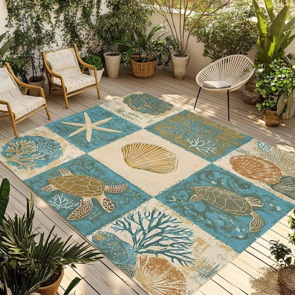 Fsddascl Vintage Coastal Outdoor Rug for Patio/Deck/Porch, Non-Slip Large Area Rug 5 x 8 Ft, Summer Beach Sea Turtle Shell Starfish Indoor Outdoor Rugs Washable Area Rugs, Camping Rug Carpet