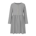thumbnail image 4 of Fesfesfes Casual Round Neck Button Long Sleeve Cotton Linen Knee-High Dress Pocket Solid Dresses Clothes Sale, 4 of 5