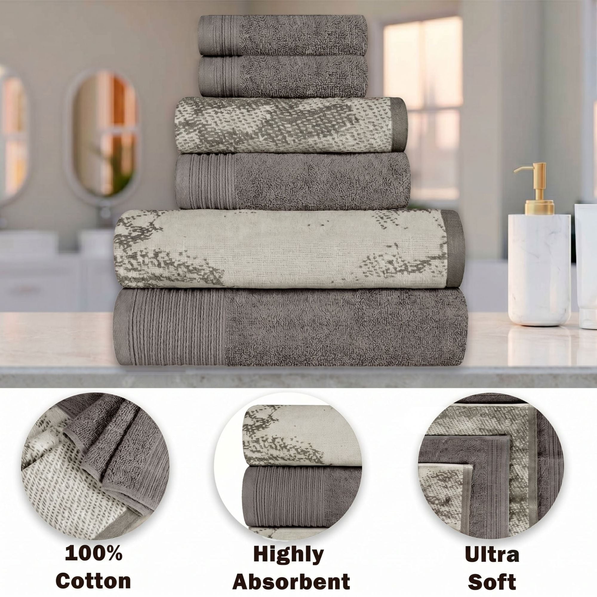 Superior Marble and Solid Jacquard Assorted Cotton 10 Piece Towel Set, Ivory - Charcoal