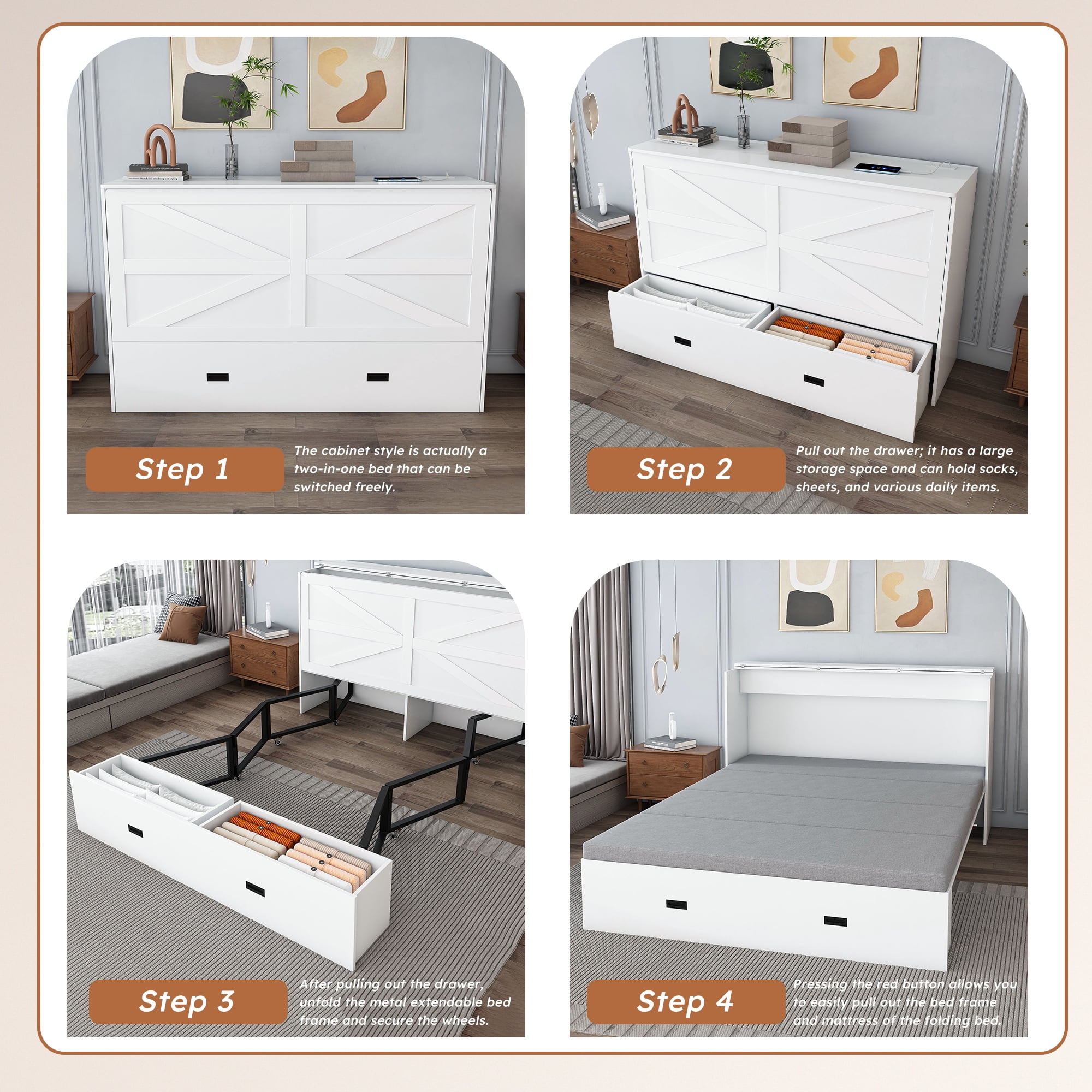 Yoneston Full Size Murphy Bed with Mattress & Charging Station, Cabinet Bed with Storage Drawers for Bedroom Guest Room Living Room, White