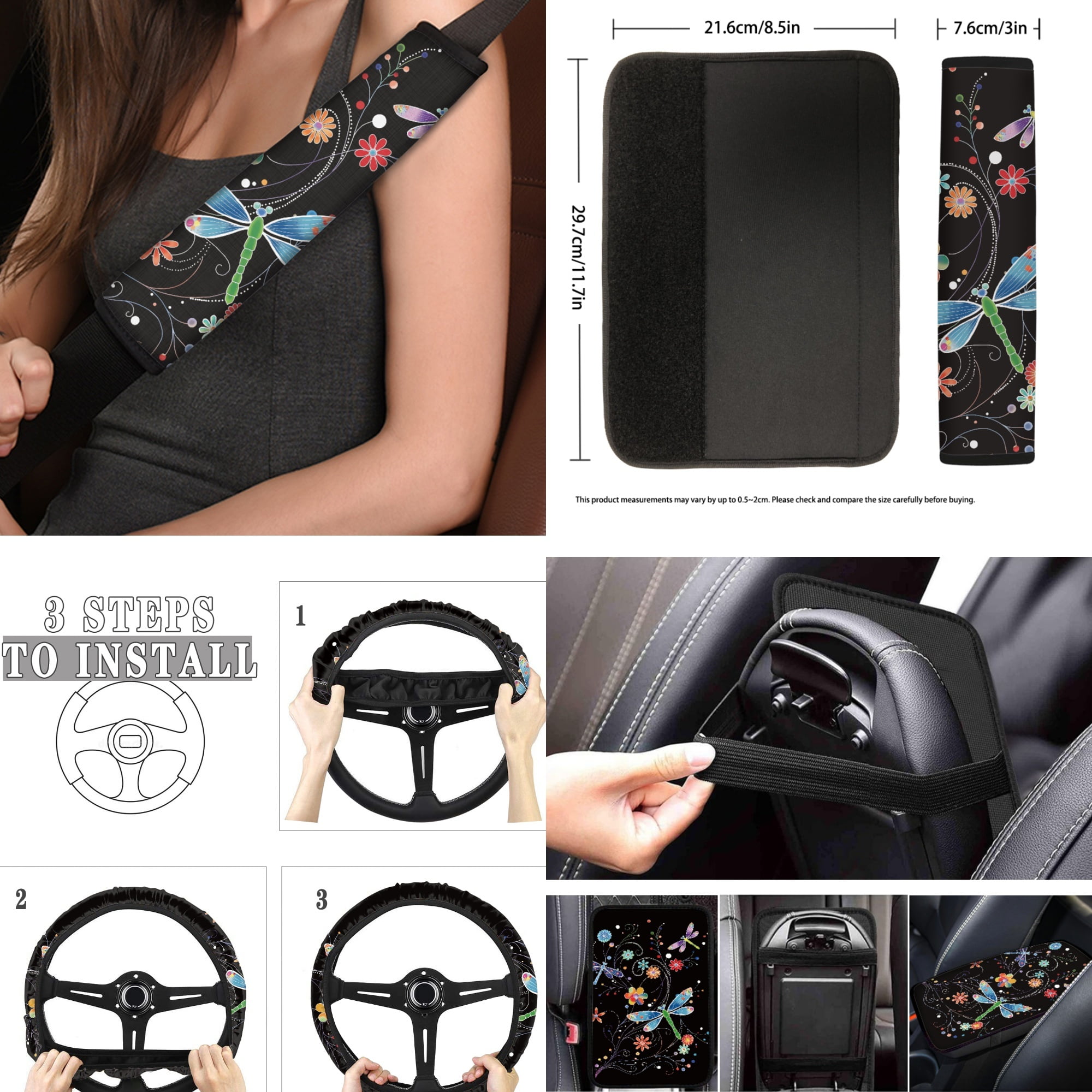 Jeiento Dragonfly Car Accessories Full Set for Women, Automotive Vehicle Seat Cover, Floral Decorative Car Floor Mat Steering Wheel Cover Center Console Pad Fit for SUV Van Truck Sedan