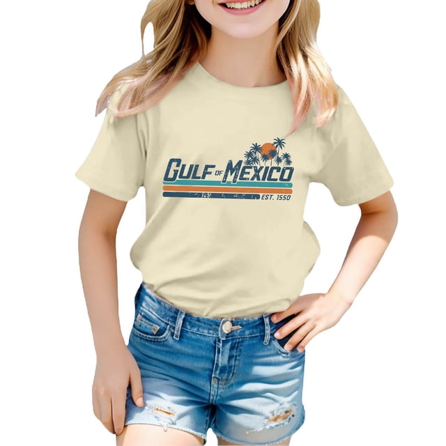 PMVFHDE Hauts Décontractés Mignons T-Shirts pour Filles T-Shirts Graphiques Tendance pour Filles Hauts Mode Enfants Imprimé Décontracté Col Rond Manches Courtes T-Shirt Jaune Clair, 8-9 Ans