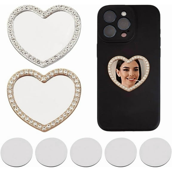 2 Colors Bling Mirror Decal Phone Back Adhesive Mirror Charm Sticker Heart-Shaped Make up Mirror with Zircon
