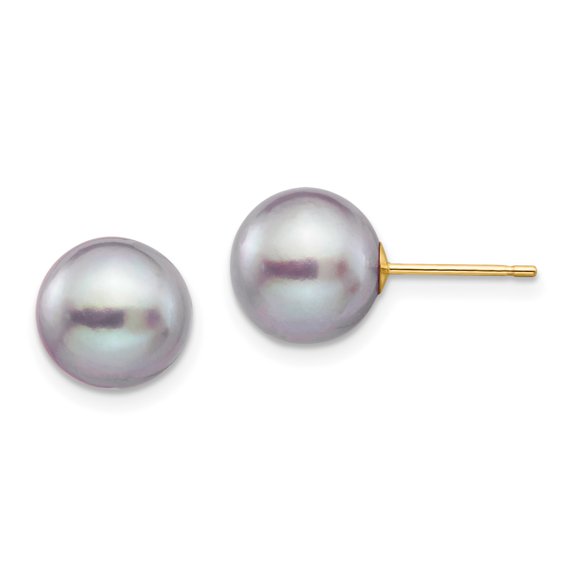 Primal Gold 14 Karat Yellow Gold 9-10mm Grey Round Freshwater Cultured Pearl Stud Post Earrings