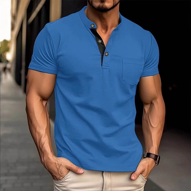 pstuiky Camisas de manga corta para hombre, Camisa tipo jersey para hombre, de color liso, con botones, manga corta y cuello alto ropa de hombre xxxl