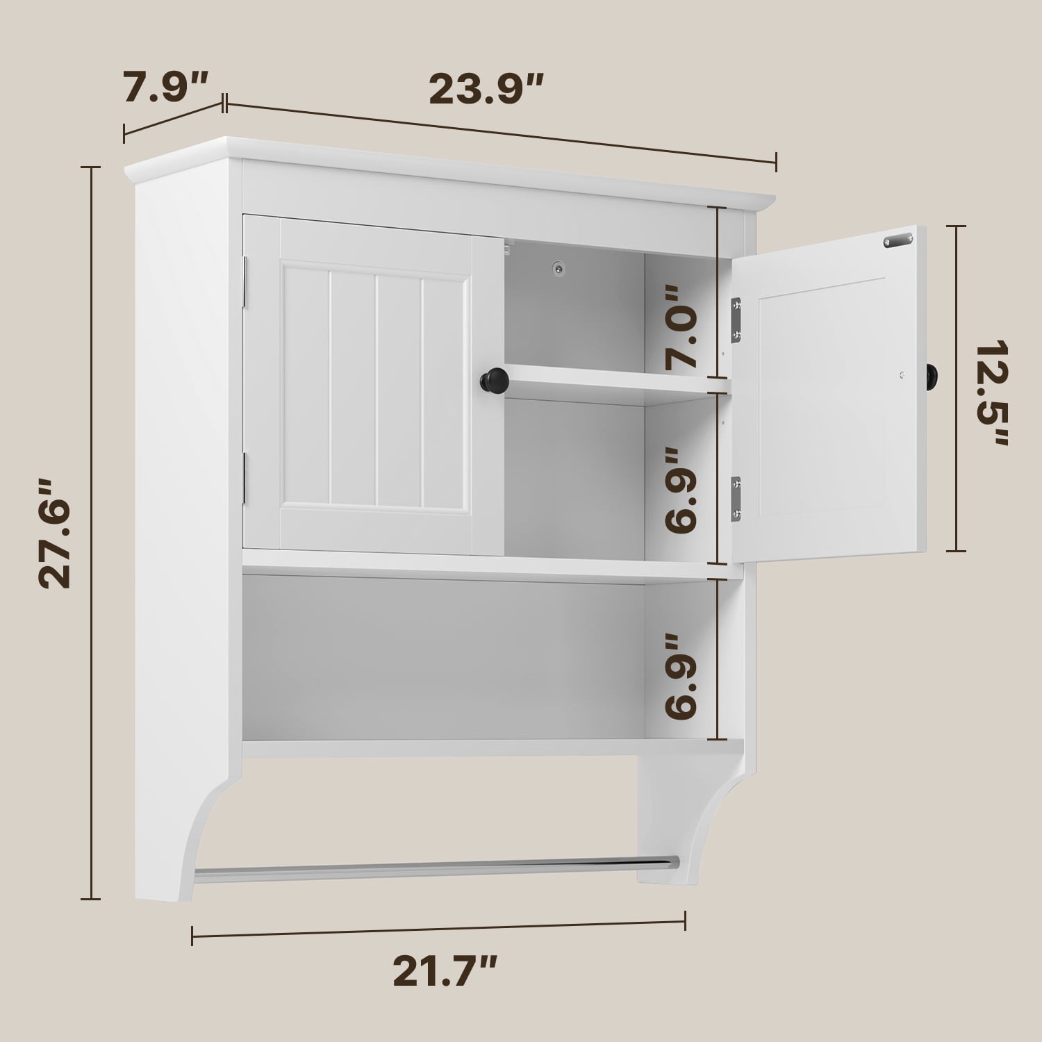 Lofka Bathroom Wall Cabinet, Over the Toilet Storage Cabinet with Double Doors, 1 Adjustable Shelf, 1 Towel Bar, White