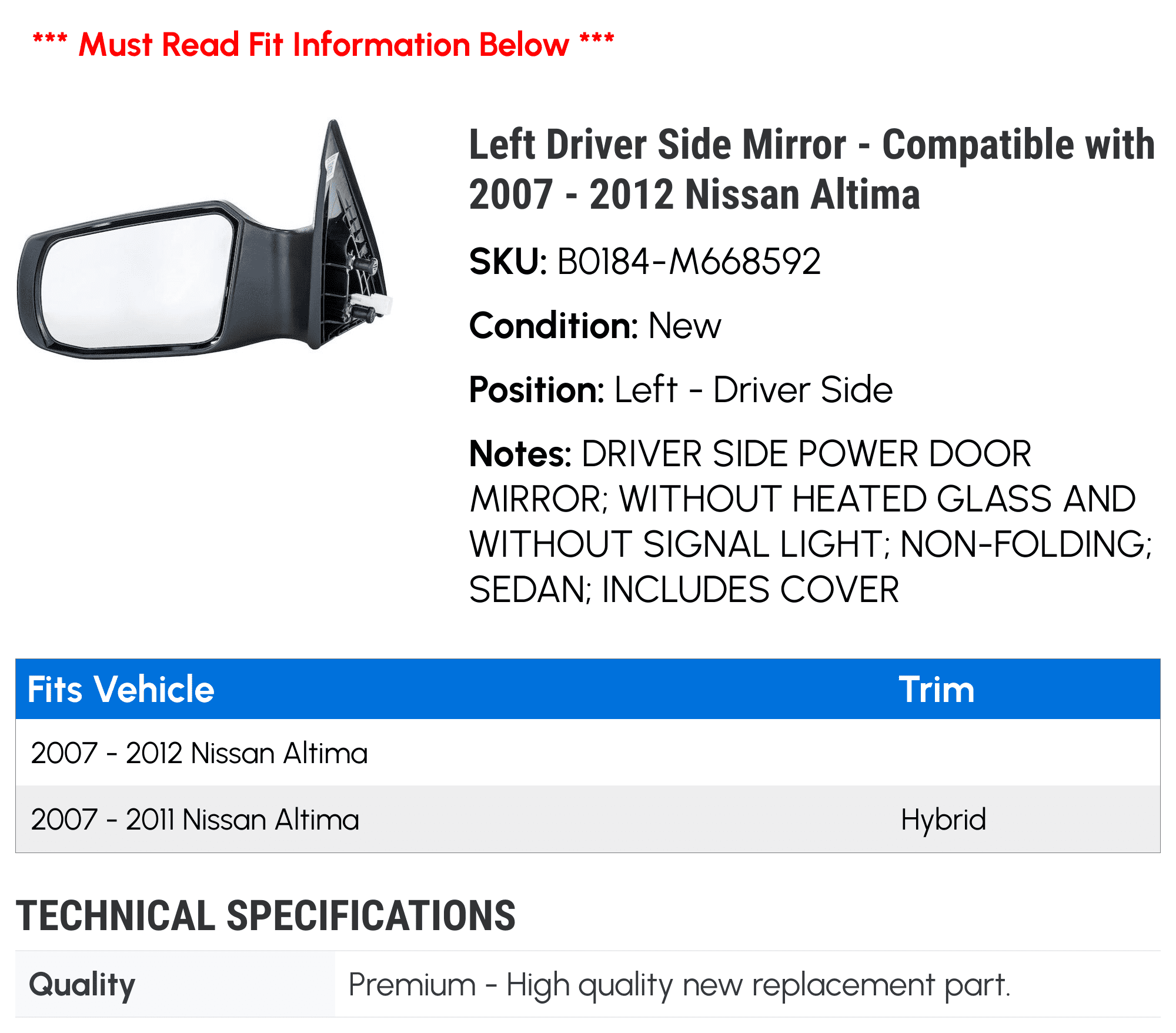Left Driver Side Mirror - Compatible with 2007 - 2012 Nissan Altima 2008 2009 2010 2011