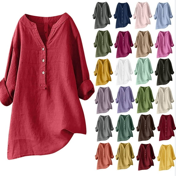 Fashion Summer Tops for Women V-Neck Long Sleeve Loose Button Cotton And Linen Tunic Summer Oversize Blouse Tops, Summer Savings!