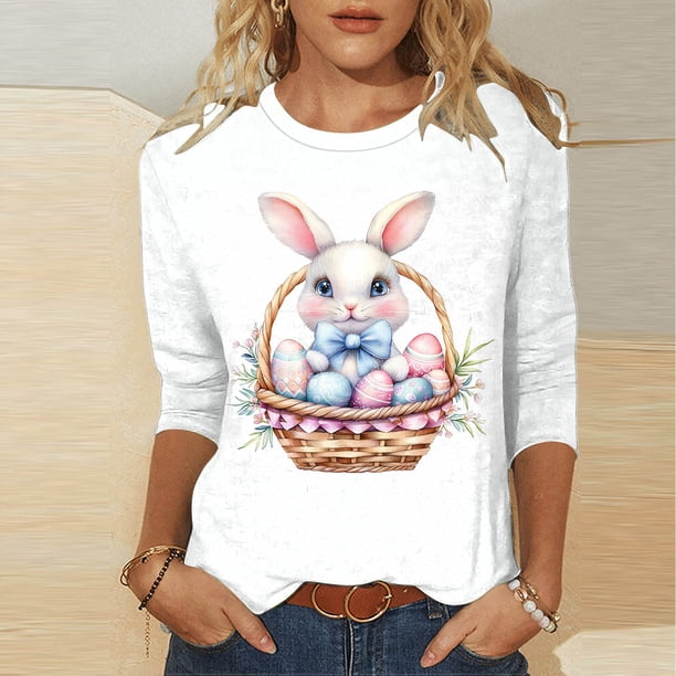 TaTaai Women Easter Print T-Shirt Crew Neck Three Quarter Sleeve Loose Fit Casual Ladies Spring Holiday Daily Wear Lightweight Breathable Non-See-Through Machine Washable Pullover Top Gift