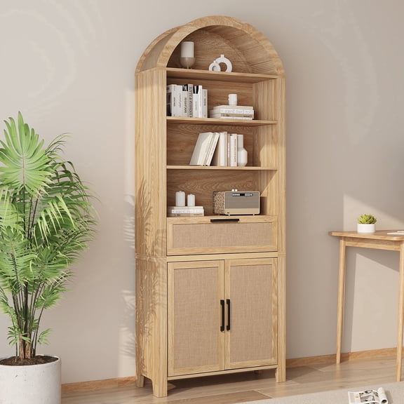 LEFHDA 78" Tall Bookshelf, Arched Bookcase with Drawers, Boho 6-Tier Bookshelf with Storage, Rattan Open Display Storage Shelf Bookshelf for Living Room Bedroom & Classroom(Oak)