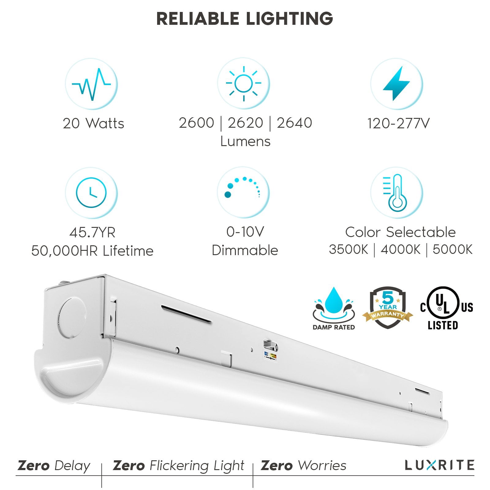 Luxrite 2 ft Slim LED Shop Light, 20W, 2600 Lumens, 3CCT 3500K-5000K, 0-10V Dimmable, Damp Rated, UL - Garage, Workshop